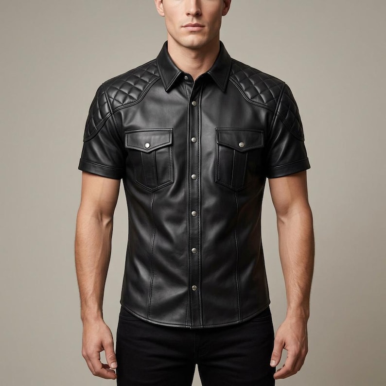 Men's Black Leather Quilted Shoulder Short Sleeve Shirt, Biker Style Snap Button Top image 2