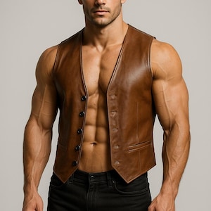 Men’s Brown Leather Vest | Genuine Sheepskin Biker Vest | Western Muscle Fit Vest | Leather Bar Vest | Festival Streetwear | Gift for Him