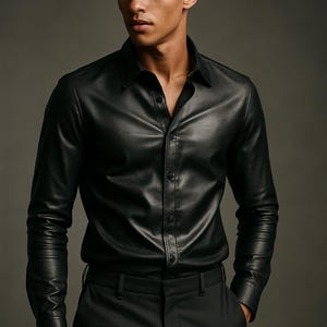 May include: A black leather shirt with a button-down front and long sleeves. The shirt has a classic collar and is worn with dark trousers. The model is wearing a black leather shirt.