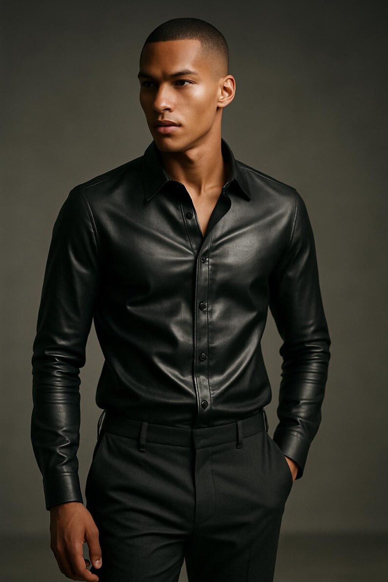 May include: A black leather shirt with a button-down front and long sleeves. The shirt has a classic collar and is worn with dark trousers. The model is wearing a black leather shirt.