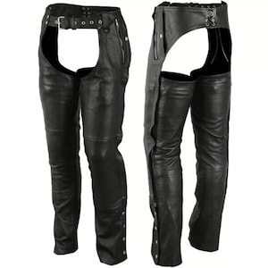 Men&#39;s Black Leather Motorcycle Chaps – Adjustable Biker Riding Pants – Western Cowboy Chaps for Men – Genuine Leather Gear