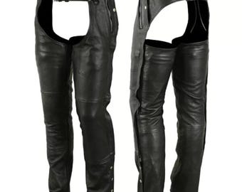 Men's Black Leather Motorcycle Chaps: Adjustable Biker Riding Pants