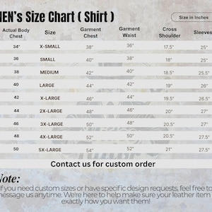 May include: A men's shirt size chart showing chest, waist, and sleeve measurements in inches. Sizes range from X-Small to 5X-Large, with corresponding garment measurements. Includes a note about custom orders.