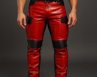 Men’s Red and Black Leather Pants – Handmade Biker Motorcycle Trousers with Cargo Pockets