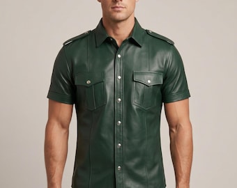 Herren Dunkelgrün Leder Biker Shirt, Kurzarm Western Snap Button Top
