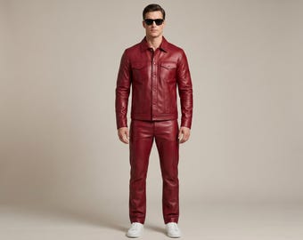 Men's Red Sheep Leather Shirt Jacket & Pants Set: Biker Streetwear Suit