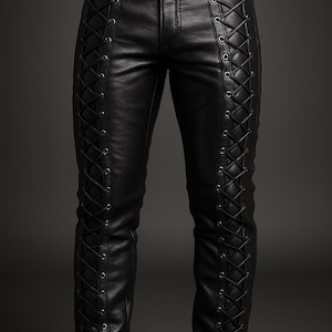 Men’s Black Sheep Leather Lace-Up Pants – Side Corset Design, Slim Fit, Gothic, Punk, Rock, Motorcycle Riding Trousers