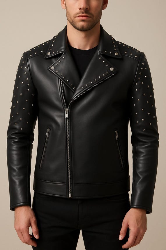 Black Jacket with Stud Details HANDMADE Mens Full Black Punk Silver Long Spiked Studded  main image 2