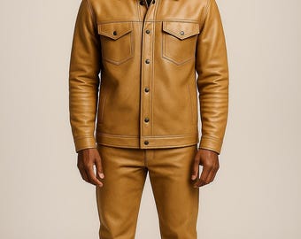 Tan Sheep Leather Shirt Jacket & Pants Set - Biker Streetwear Suit