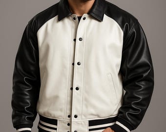 Jaqueta bomber masculina de couro preto e branco – Casaco estilo universitário feito à mão