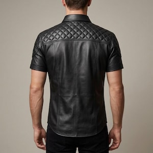 Men's Black Leather Quilted Shoulder Short Sleeve Shirt, Biker Style Snap Button Top image 3