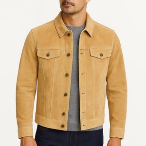 Men’s Tan Sheepskin Suede Leather Trucker Jacket – Classic Black Western Denim Style, Real Suede Handmade Men’s Outerwear