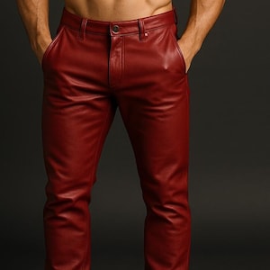 Men&#39;s Red Leather Pants - Genuine Sheepskin Biker Jeans, Handmade Real Leather Trousers, Retro 90s Festival Rocker Style