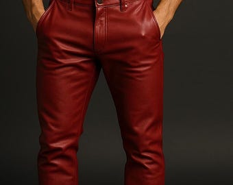 Red Sheepskin Leather Biker Pants: Handmade 90s Rocker Style