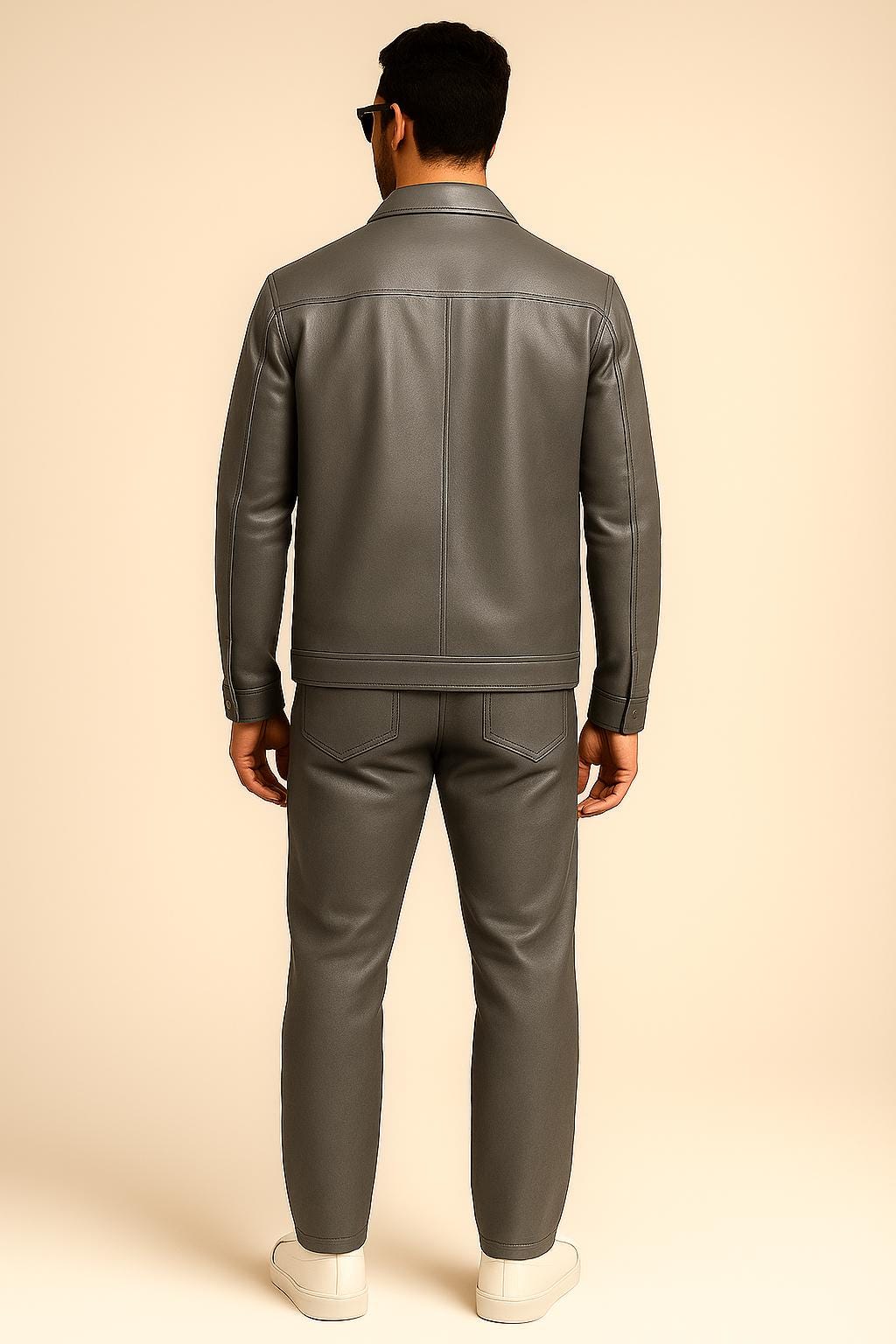 Men's Gray Sheep Leather Shirt Jacket & Pants Set: Biker