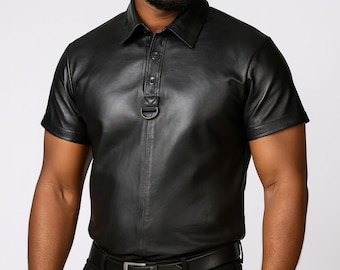 Men's Black Sheep Leather Polo Shirt: D-Ring Detail, Handmade Luxury
