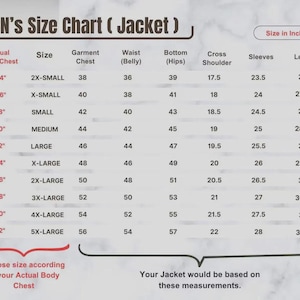 May include: A jacket size chart with measurements in inches. The chart includes sizes from 2X-Small to 5X-Large, detailing chest, waist, bottom, shoulder, sleeve, and length measurements. Instructions are included.