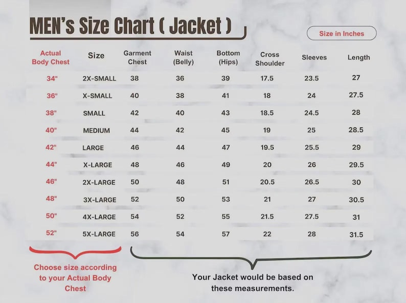 May include: A jacket size chart with measurements in inches. The chart includes sizes from 2X-Small to 5X-Large, detailing chest, waist, bottom, shoulder, sleeve, and length measurements. Instructions are included.