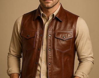 Handmade Brown Leather Cowboy Vest: Custom Western Biker Waistcoat