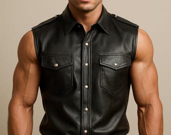 Men's Black Sheep Leather Biker Vest: Sleeveless Gothic Punk Shirt