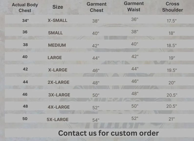 May include: A size chart for clothing, displaying measurements for chest, waist, and shoulder. Sizes range from X-Small to 5X-Large, with corresponding measurements in inches. The text "Contact us for custom order" is at the bottom.