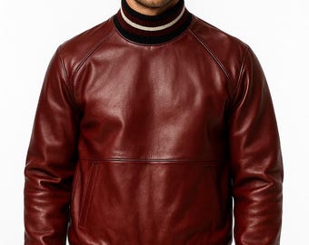 Chaqueta bomber artesanal de piel de oveja color burdeos: Suéter de piel de oveja para hombre