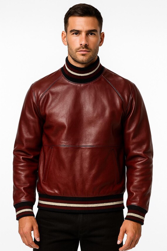 Handmade Burgundy Sheep Leather Bomber Jacket: Men's Sheepskin Pullover