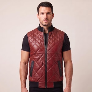 Men's Oxblood Quilted Leather Vest, Real Leather Biker Gilet, Ribbed Bomber Waistcoat