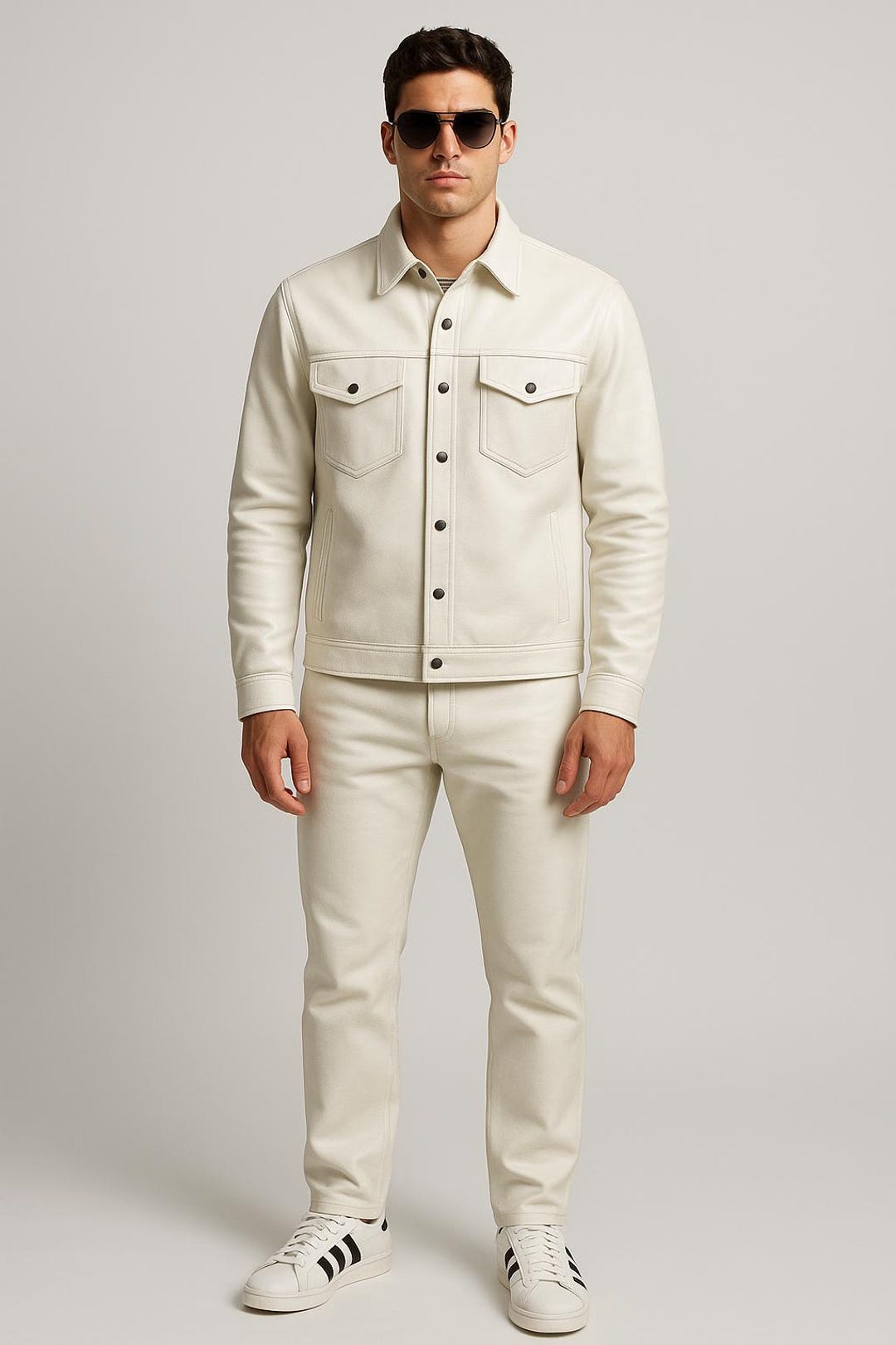 White Sheep Leather Shirt Jacket & Pants Set: Handmade Biker