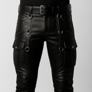 Men&#39;s Genuine Leather Tactical Cargo Pants – Handmade Black Sheep Leather Gothic Military Trousers – Real Leather Cargo Pants for Him