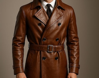 Handmade Brown Leather Trench Coat: Double-Breasted, Classic Vintage Style