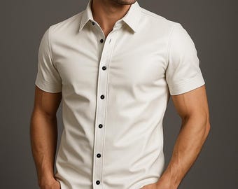 Men's White Sheep Leather Shirt: Slim Fit Short Sleeve Top