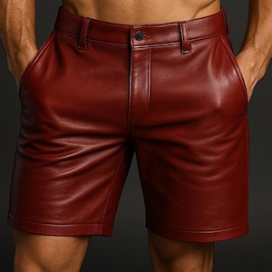 Men&#39;s Red Leather Shorts - Genuine Handmade Biker Shorts for Gym, Clubwear & Streetwear Leather Summer Shorts, Festival Outfit, Gift for Him