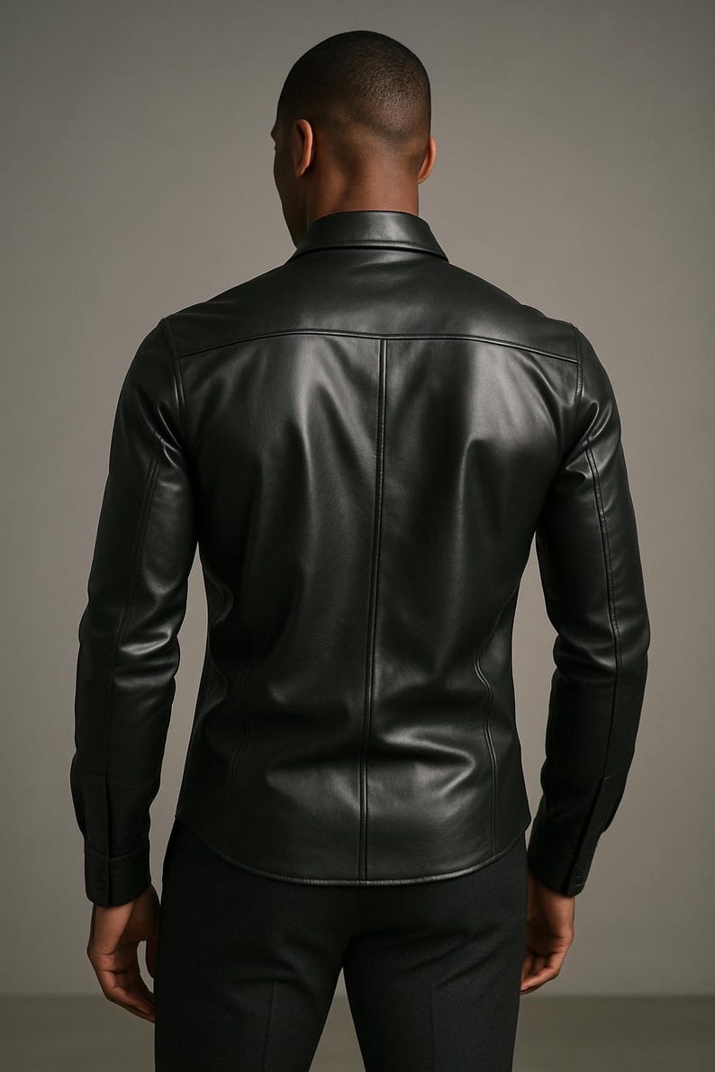 May include: A black leather shirt with long sleeves and a button-down collar. The shirt has a tailored fit and a classic design. The model is wearing black trousers. The background is a solid grey.