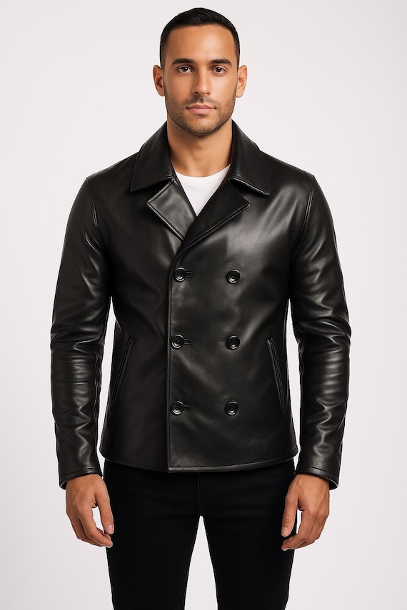 Handmade Mens Black Sheep Leather Peacoat: Slim Fit  Jacket