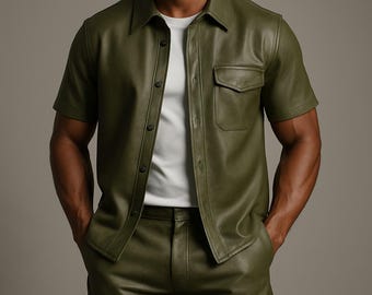 Handmade Olive Green Leather Shirt & Shorts Set: Men's Streetwear Outfit