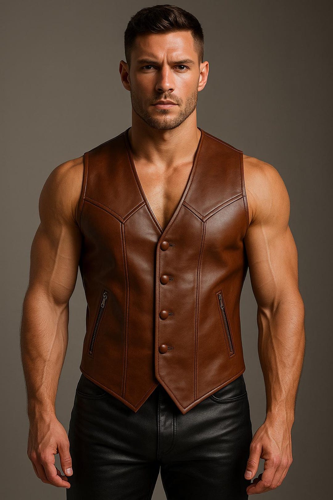 Men’s Brown Leather Vest – Handmade Western Cowboy Biker Waistcoat With ...