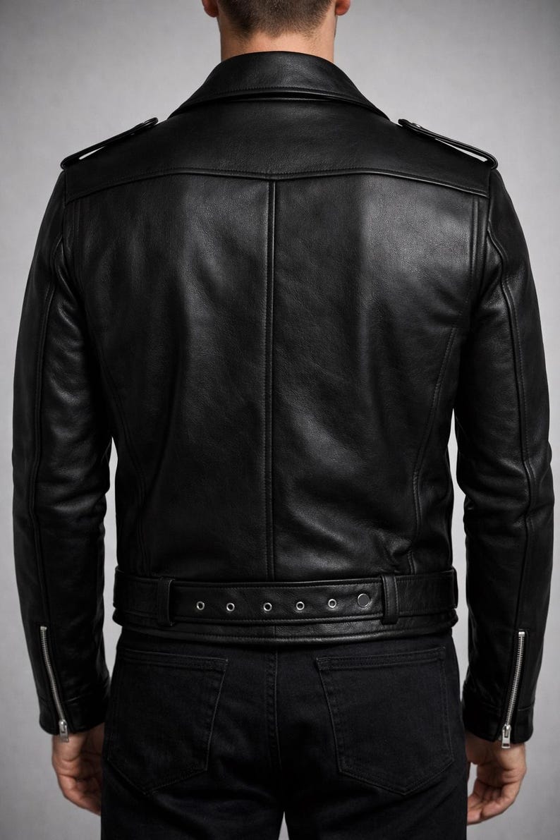 May include: Black leather jacket with a classic design. Features include a notched collar, shoulder epaulets, and a belt at the waist. The jacket has zippered pockets and cuffs. The model is wearing black jeans.