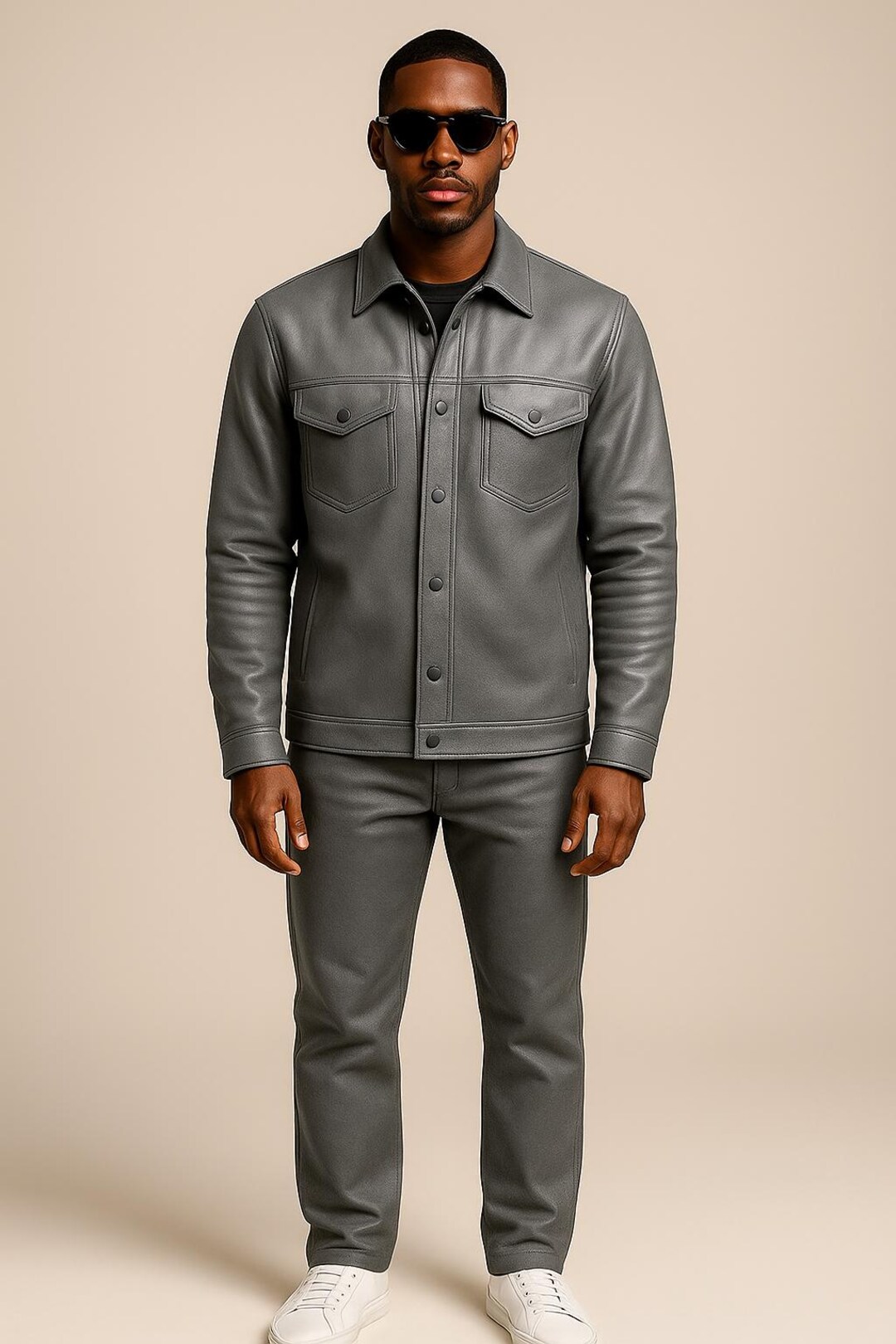 Men's Gray Sheep Leather Shirt Jacket & Pants Set: Biker