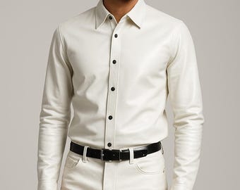 Men's White Sheepskin Leather Shirt - Handmade Tailored Fit