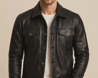 Handmade Black Leather Trucker Jacket - Classic Fit