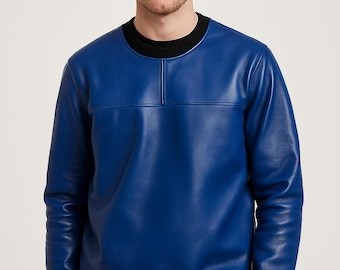 Handmade Blue Sheep Leather Bomber Jacket: Men's Sheepskin Pullover