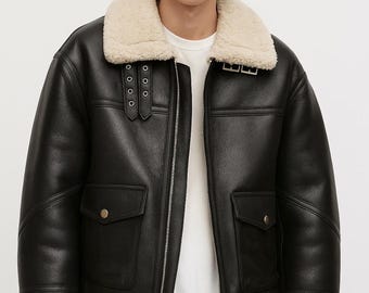 Handmade Sheepskin Aviator Jacket: Black Leather B3 Flight Bomber