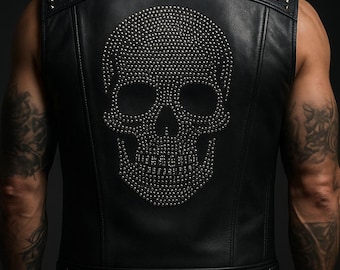 Handmade Black Leather Biker Vest: Studded Skull, Spiked Shoulders, Custom Fit