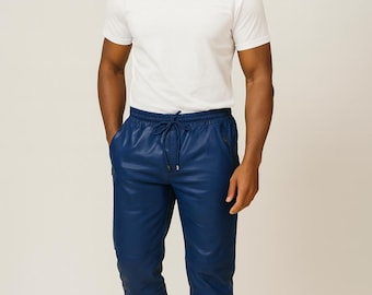Men's Blue Sheepskin Leather Joggers: Slim Fit Streetwear Trousers