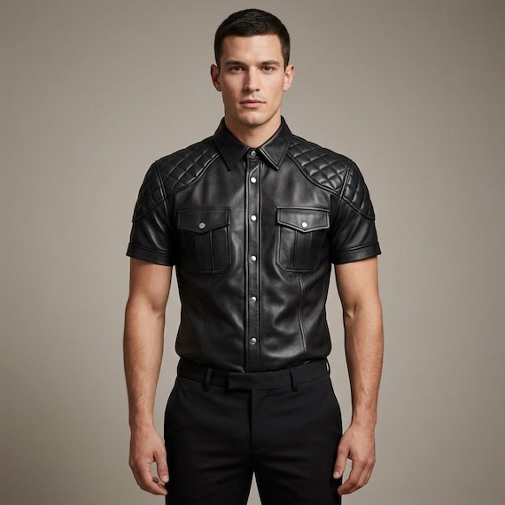Men's Black Leather Quilted Shoulder Short Sleeve Shirt, Biker Style Snap Button Top