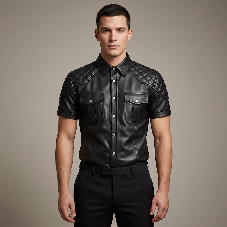 May include: A black leather short-sleeved shirt with quilted shoulder pads and two chest pockets. The shirt features a button-down front and a classic collar. The model is wearing black trousers.