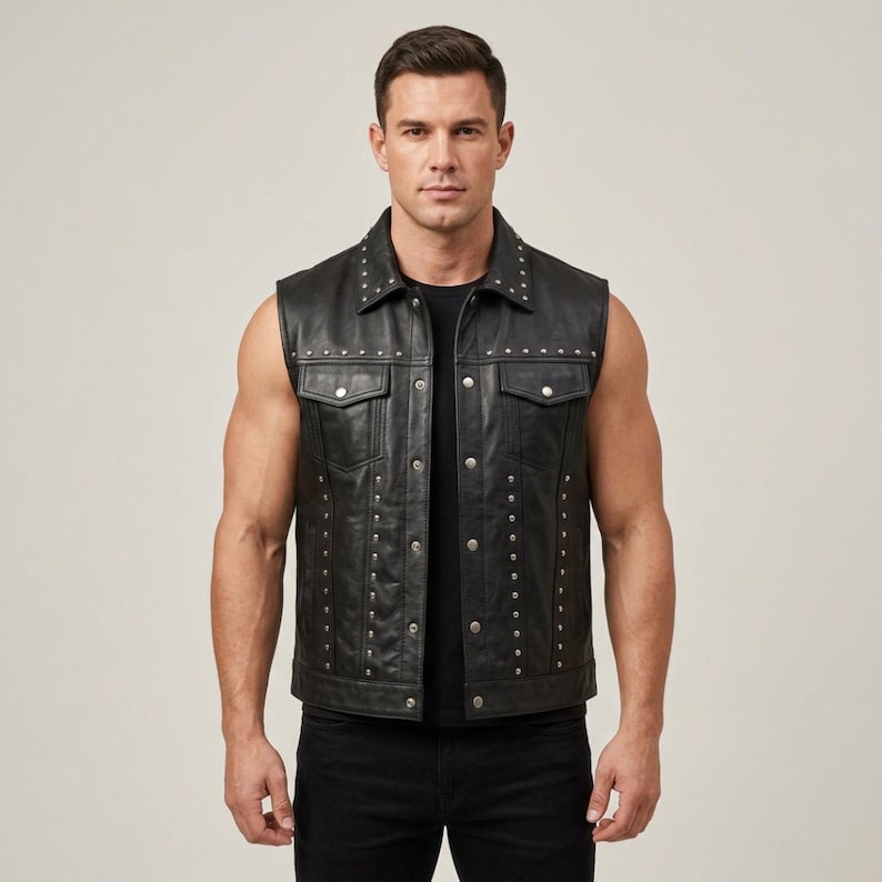 May include: Black leather vest with silver stud accents. The vest features a collared neckline, two chest pockets, and a button-down front. Studs are placed along the collar, pockets, and vertical lines down the front.