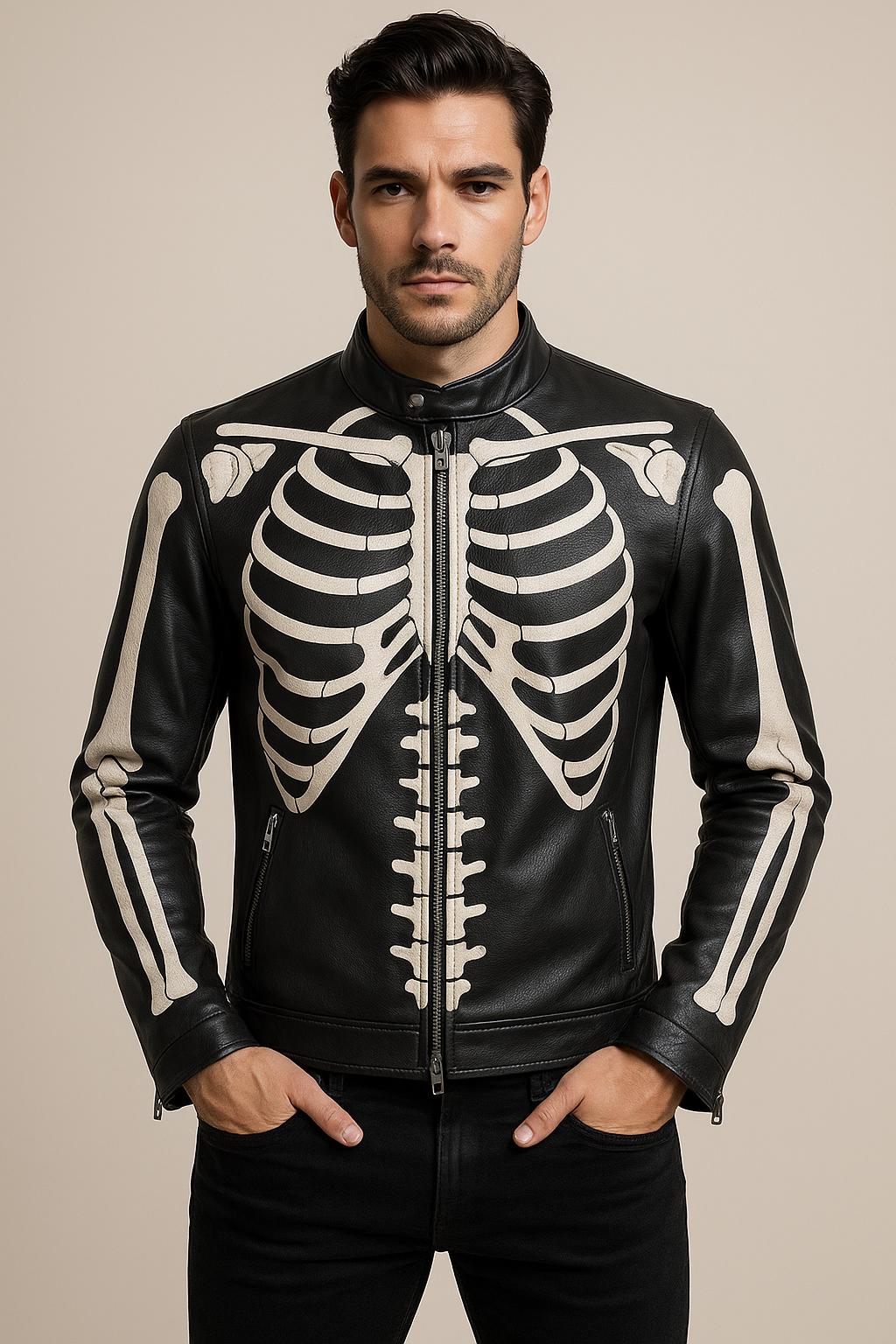 Skeleton Leather Jacket for Men – Black Biker Jacket with White Bone Print Halloween, Gothic, Punk Rock Fashion