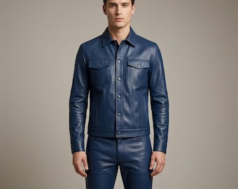 Men’s Blue  Leather Jacket and Pants Set – Shiny Finish, Retro Moto Style